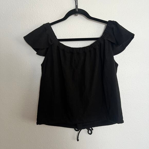 Madewell Off the Shoulder Crop Top Black Scoop Neck Pedal Sleeve Button Tie Sz L - Picture 2 of 5